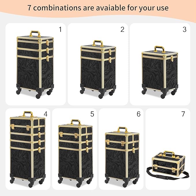 Rolling Makeup Case, Makeup Train Case with Lid, 5 in 1 Cosmetology Case on Wheels, Christmas Gift, Large Makeup Organizers, Profesional Cosmetic Case for Salon Barber, Pattern Black Gold