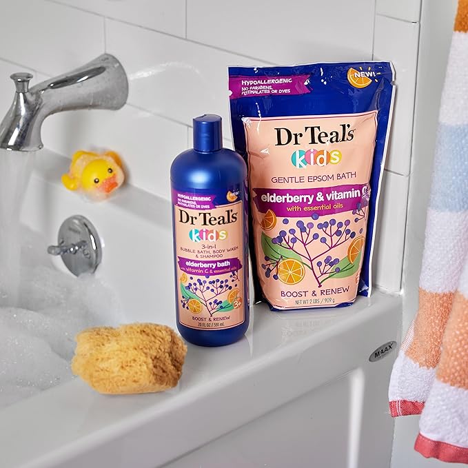 Dr Teal's Kids 3-in-1 Bubble Bath, Body Wash & Shampoo, Boost & Renew Elderberry with Vitamin C, 20 fl oz. (Pack of 3)