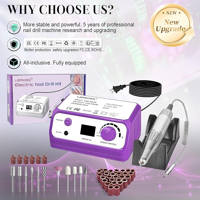 Electric Nail File Nail Drill Professional 35000RPM Electric E Filer for Nails with Sanding Bands and Nail Drill Bits for Acrylic, Gel Nail Manicure & Pedicure, Purple