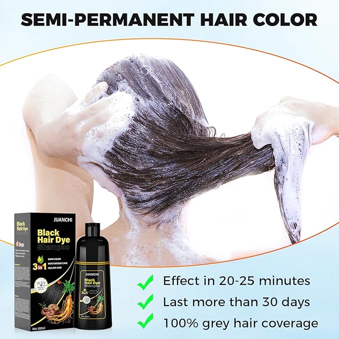 JUANCHI Black Hair Dye Shampoo 3 in1, Black Shampoo Hair Dye for Gray Coverage, Natural Hair Color for Women Men, Herbal Formula, Ammonia-free, Lasts 30 Days, 500ml (16.90 oz)