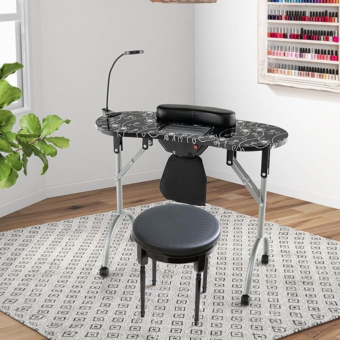 WELLHUT Manicure Table Portable Nail Table Desk with LED Nail Lamp, Elctric Dust Collector, Wrist Rest, Lockable Wheels, Folding Manicure Station for Nail Techs with Carry Bag