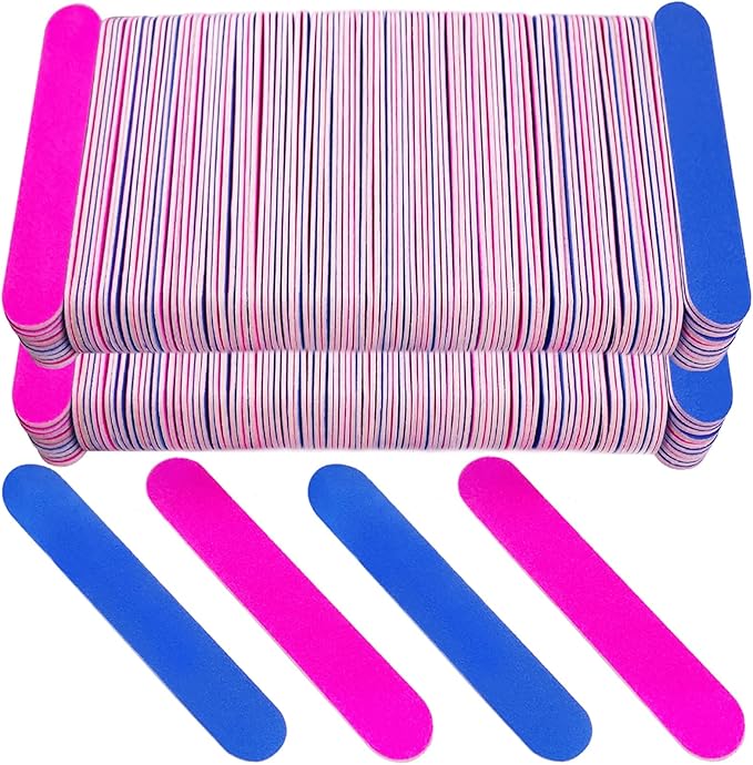 200 Pcs Emery Boards for Nails, Nail Files for Nature Nails Small Disposable Double Sided Colorful Nail File Bulk for Home Salon Travel Size Mini Manicure Kit for Men Women Kids Wood Emory Pink/Blue