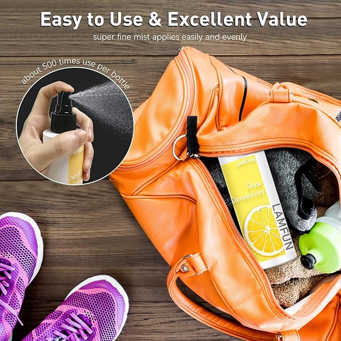 Shoe Deodorizer Spray, Lamfun Natural Odor Eliminator for Smelly Feet, Shoes and Gym Bags, Foot Deodorant Fights Odor, Lemon Fragrance, 150ml