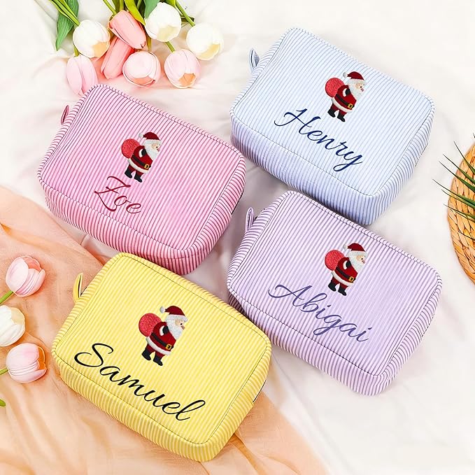 Personalized Seersucker Makeup Bag with Name,Custom Embroidered Cosmetic Bag for Women Girls,Travel Toiletry Bag,Bridesmaid Gifts,Organizer Storage Pouch,Gifts for Christmas,Birthday,Wedding