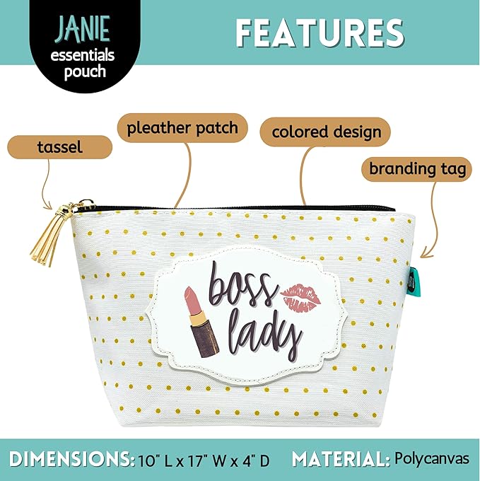 Brooke & Jess Designs Boss Lady Janie Pouch Gifts for Women Gold Dotted Makeup Bags Cosmetic Bag Travel Toiletry Makeup Pouch Pencil Bag with Zipper Best Work Bestie Gifts