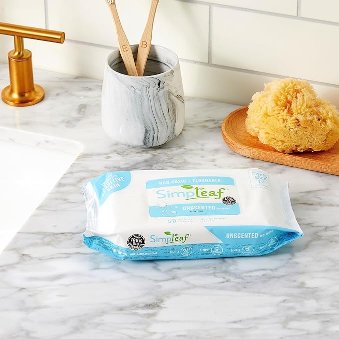 Simpleaf Flushable Wet Wipes Unscented | Plastic Free, Paraben & Alcohol Free | Hypoallergenic & Safe for Sensitive Skin | Soothing Aloe Formula | Adult Toilet Wipes (3 x 50 Counts Pack) 150 Counts