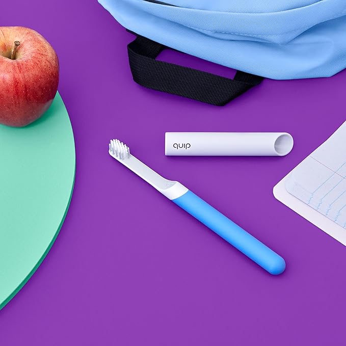 Quip Sonic Toothbrush for Kids with Timer - Includes Extra Brush Head and Travel Cover Mount - Electric, Soft Bristle Refill Head, Rubber Handle, 3 Month Battery Life - Travel Toothbrush - Blue