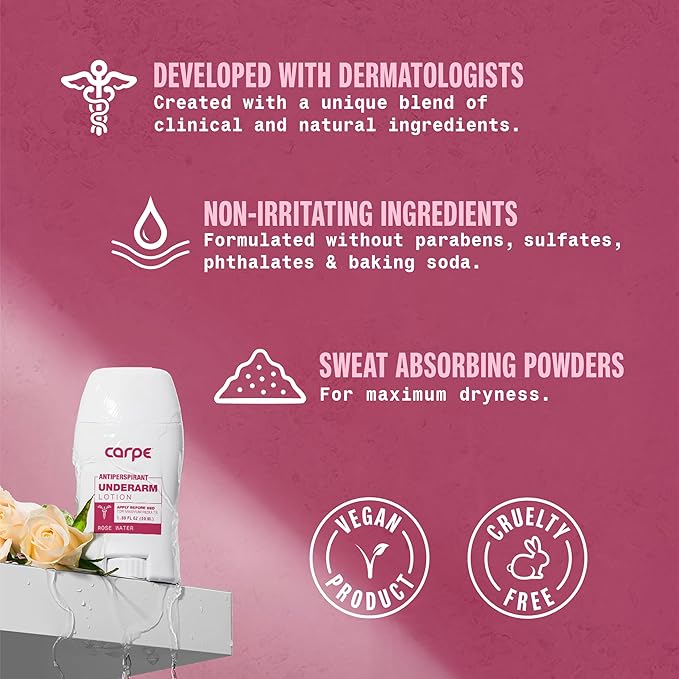 Carpe Clinical Strength Underarm Antiperspirant for Women with Rose Water scent, Combat excessive sweating Stay fresh and dry, Great for hyperhidrosis (Pack of 2)