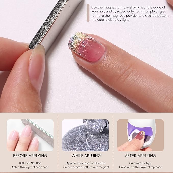 MAYCHAO 15ML Rainbow Cat Eye Gel Nail Polish 1Pc Holographic Glitter Cat Eye Nail Polish with Magnet Soak off Magnetic Gel Polish for Nail Art Manicure Salon DIY at Home, 0.5 OZ