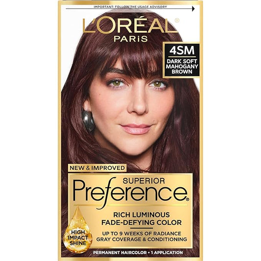 L'Oreal Paris Superior Preference Luminous Fade-Defying Permanent Hair Color, Hair Dye For Up to 9 Weeks of Radiance, Dark Soft Mahogany Brown 4SM, 1 Hair Dye Kit