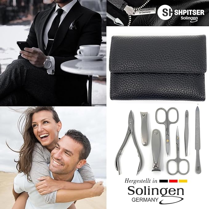 SHPITSER Professional 7pc TopInox Surgical Stainless Steel Tools Manicure Pedicure Set in Genuine Durable Leather Case Handmade in Solingen Germany for Nail and Cuticle Care
