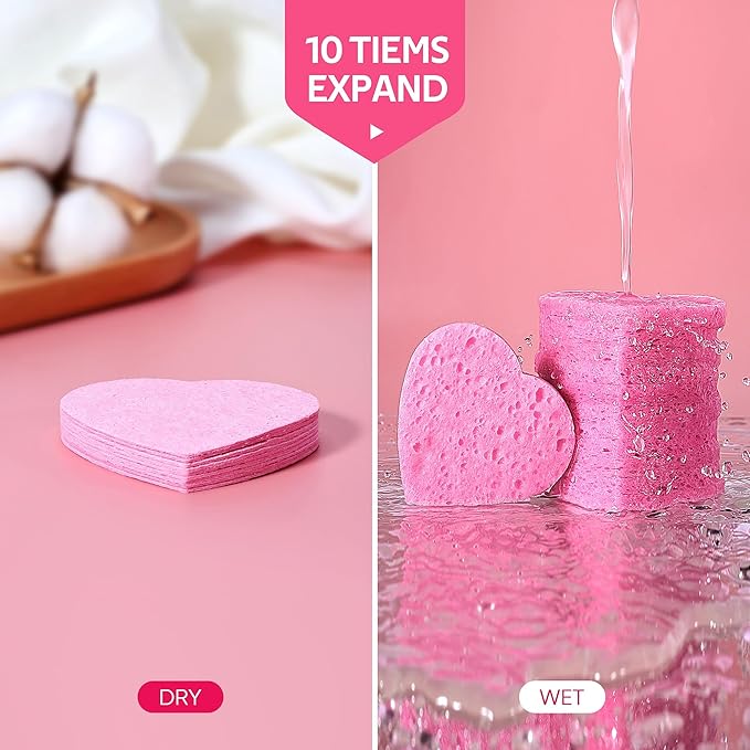 GAINWELL 50-Count Heart Shape Compressed Facial Sponges for Daily Facial Cleansing and Exfoliating, 100％ Natural Cosmetic Spa Sponges for Makeup Remover