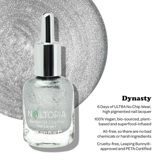 Nailtopia - Plant-Based Chip Free Nail Lacquer - Non Toxic, Bio-Sourced, Long-Lasting, Strengthening Polish - Dynasty (Shimmer Silver) - 0.41oz