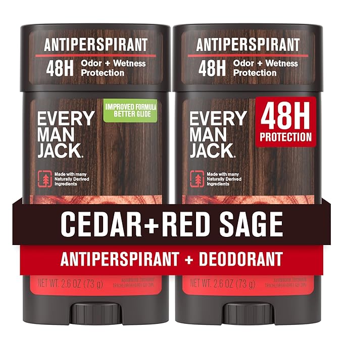 Every Man Jack Men’s Cedar + Red Sage Antiperspirant Deodorant – New & Improved Formula – Smooth Glide, 48-Hour Odor & Sweat Defense– 2.6 oz (2 Pack)