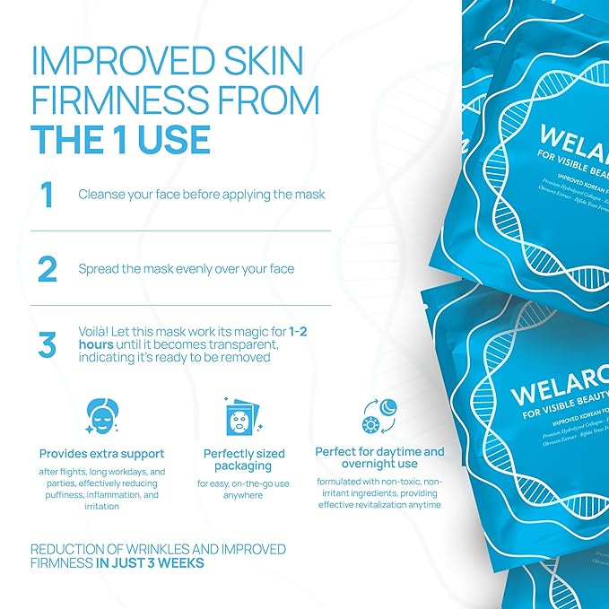 Welaroise Bio Protein Collagen Hydrogel Deep Face Mask +35% More Collagen, Intense Hydration & Moisturization, Firming, Anti-Aging, Skin Renewal, Korean Skincare (Pack of 5)