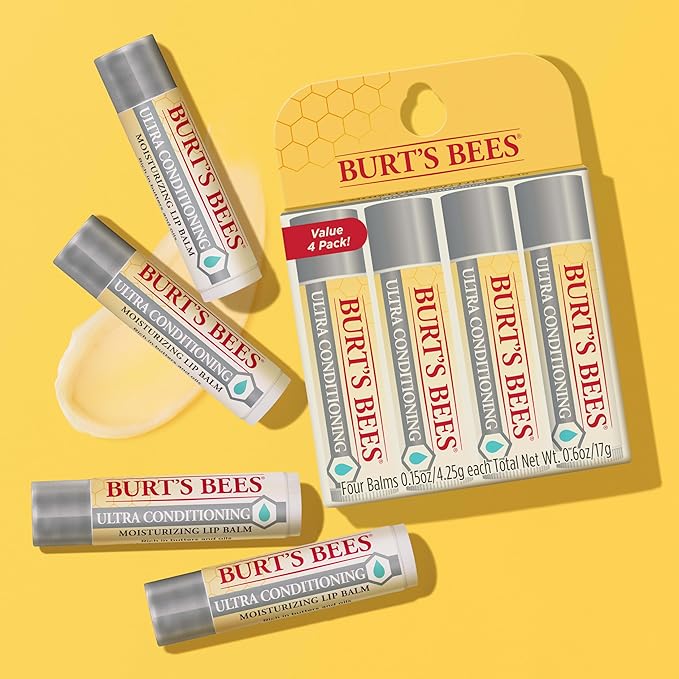 Burt's Bees Lip Balm Stocking Stuffers, Moisturizing Lip Care Christmas Gifts for All Day Hydration, Ultra Conditioning with Shea, Cocoa & Kokum Butter, 100% Natural (4-Pack)