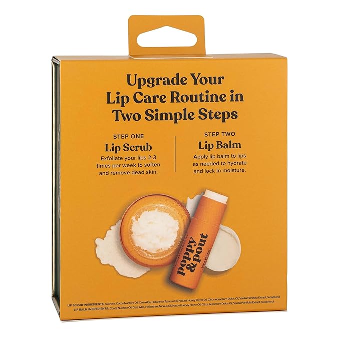 Poppy & Pout Lip Care Set | Lip Balm & Scrub | Sustainable Cardboard Tubes & Glass Jars, All Natural, Beeswax, Coconut Oil, Cruelty Free, Exfoliating & Moisturizing Lip Treatment (Wild Honey)
