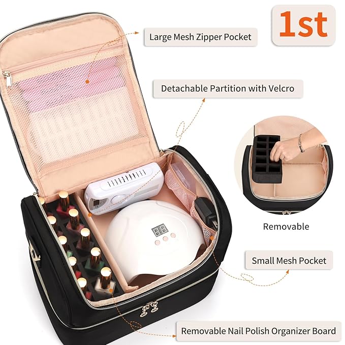 CUBETASTIC Nail Polish Organizer, Portable Nail Polish Storage Case Holds 45 Bottles Nail Polish & Nail Lamp, Travel Nail Supplies Organizer for Nail Tech Kit & Manicure Tools