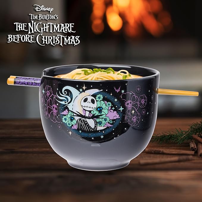 Silver Buffalo Disney Nightmare Before Christmas Starry Night Jack Skellington Ceramic Ramen Noodle Rice Bowl with Chopsticks, Microwave Safe, 20 Ounces