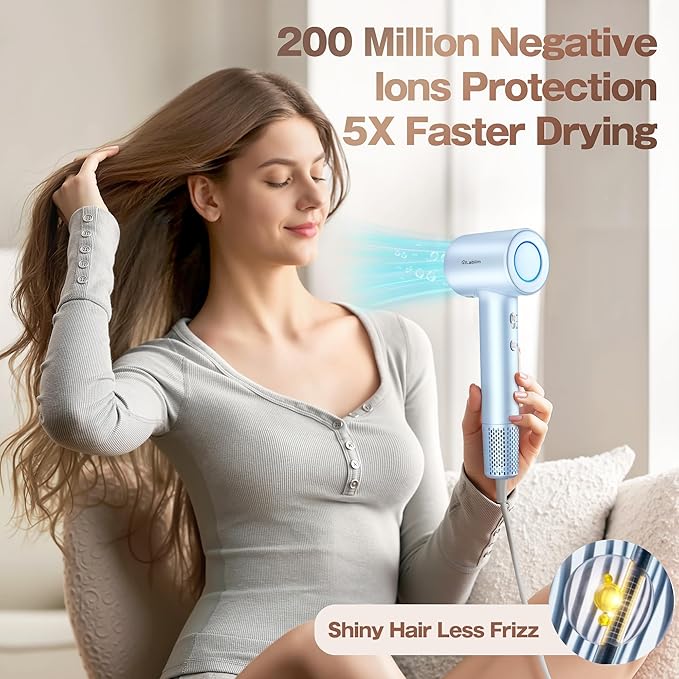 Hair Dryer, High-Speed Ionic Low Noise Blow Dryer with Brushless Motor for Fast Drying, Thermo-Control Quiet Compact Hair Blow Dryer, Hairdryer with 1 Nozzle Attachments for Home Salon Travel