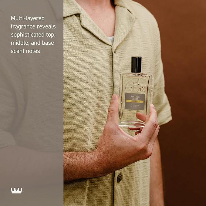 Cremo Cologne For Men - Vintage Suede Mens Cologne Spray, A Combination of White Moss, Rich Amber, and Smooth Suede, Multi-Layered Signature Men's Fragrances, 3.4 Fl Oz
