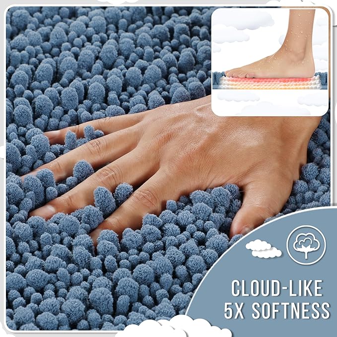 Yimobra Long Bathroom Rugs Non Slip Washable 44x24 Inch - Ultra Soft Absorbent Chenille Bath Mat, Quick Dry Shaggy Floor Carpet for Tub Shower, Denim Blue Home Decor Accessories