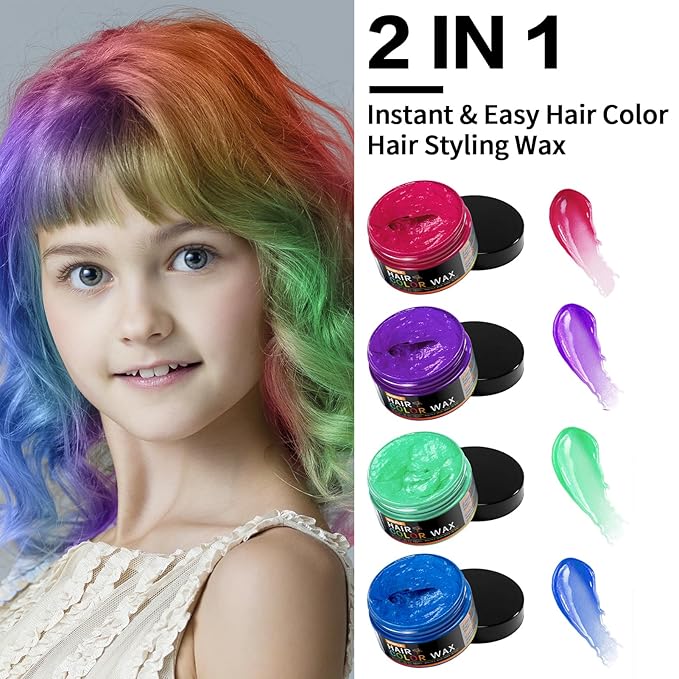 4 Colors Temporary Hair Color Wax for Christmas Party, Stocking Stuffers - DIY Washable Natural Instant Hair Color for Women Temporary Hair Dye for Kids Teens Women Men(Blue&Purple&Red&Green 4pcs)