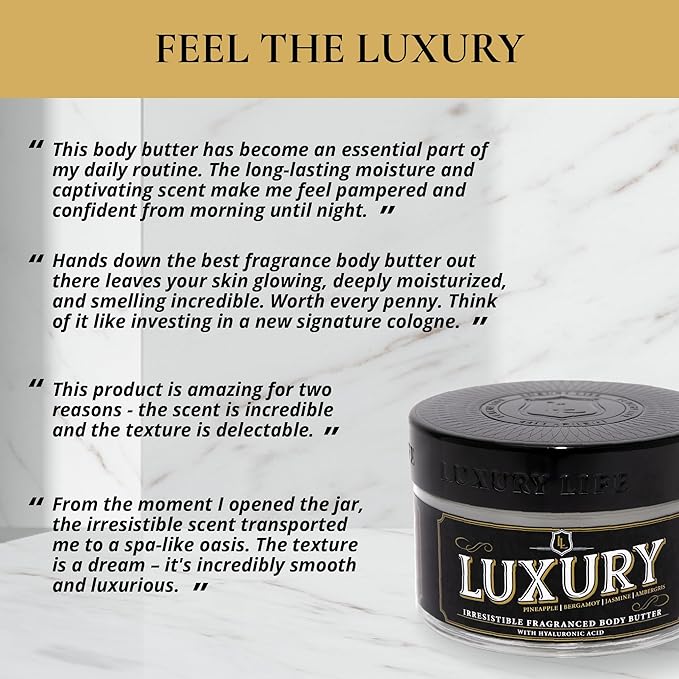 LUXURY LIFE BUTTER - Irresistibly Scented Body Butter with Hyaluronic Acid for Ultimate Moisture. Hydrates for a Non-Greasy Glamorous Glow (Presidential, Peach Smoke, Warm Compliments 5 oz)