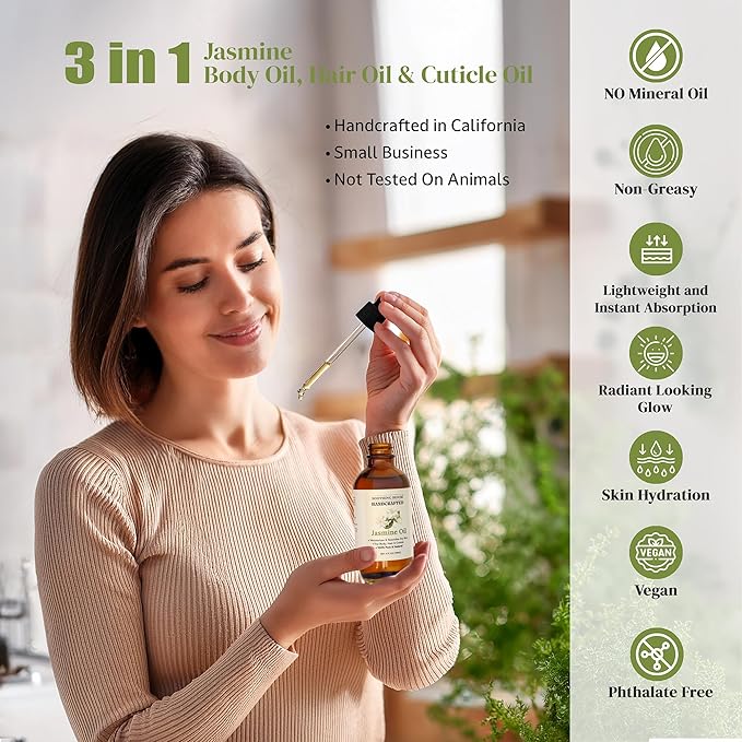 Jasmine Body, Hair & Nail Oil: Nourishing & Fast-Absorbing, Lightweight Glow, with Vitamin E, Jojoba & Sweet Almond, All-Natural, 4 Fl Oz