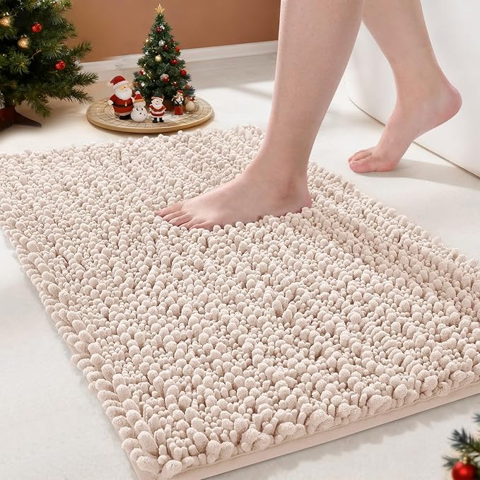 Yimobra Bathroom Rugs Non Slip Washable - Ultra Soft Absorbent Chenille Bath Mat, Quick Dry Shaggy Floor Carpet for Tub Shower, Pinkish Beige Home Decor Accessories, 24x17 Inch
