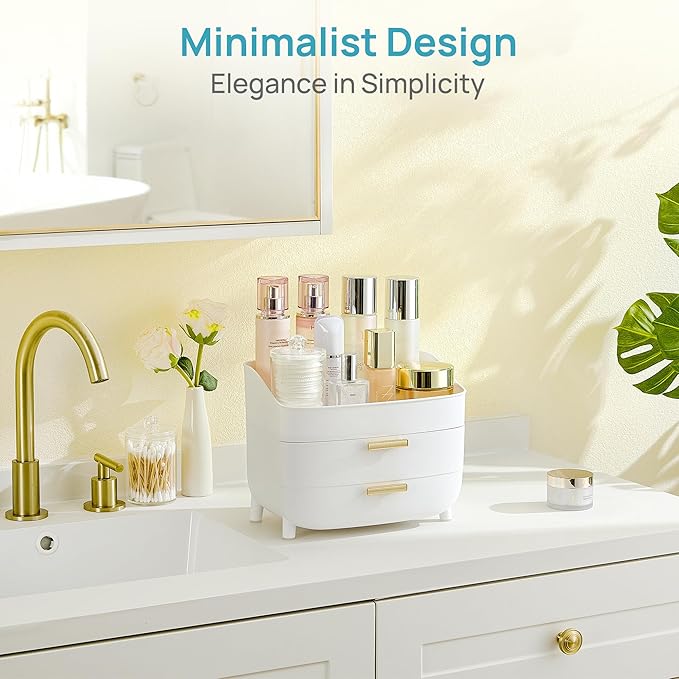 Vtopmart 3-Tier Skincare Makeup Organizer with Drawers for Vanity and Bathroom Countertop, Large Cosmetic Storage Box Case for Dresser, with Non-Slip Base