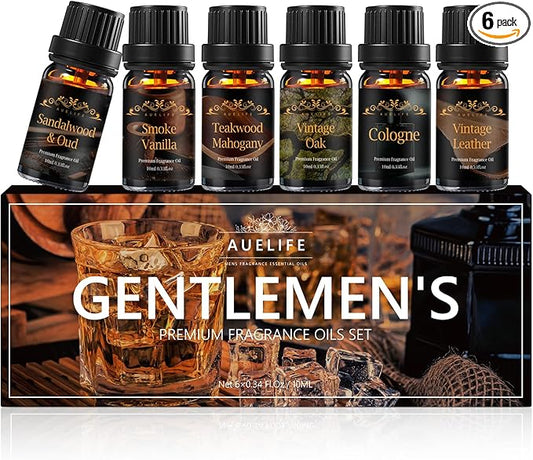 Men Essential Oils Set - 6 Premium Fragrance Oils for Diffusers for Home, Candles & Aromatherapy | Leather, Sandalwood, Cologne, Smoke Vanilla, Oak, Mahogany Scents | Gift Set for Men, Father's Day