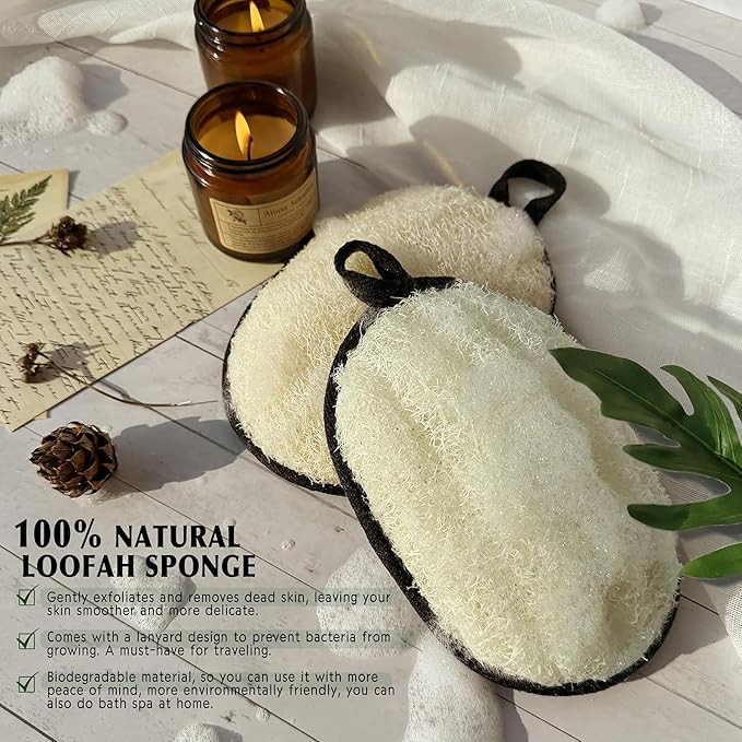 Natural Shower Loofah Sponge Exfoliating Body Scrubber，Natural Organic Beauty Exfoliating Loofah for Men and Women, Suitable for Cleansing Face Scrubber and Body Bath,Large Black(2 Pack)