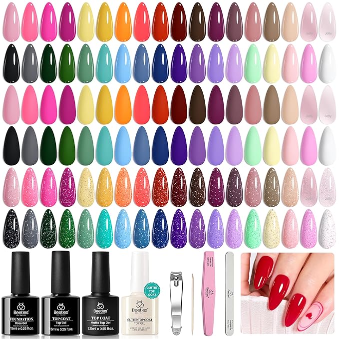Beetles Gel Nail Polish Set - 36 Colors Nature's Tales Nail Colors Kit with Glossy & Glitter Top Coat, Soak Off UV LED Nail Gel Kit, Long Lasting Nail Art for DIY Home Salon Manicure Gift for Women