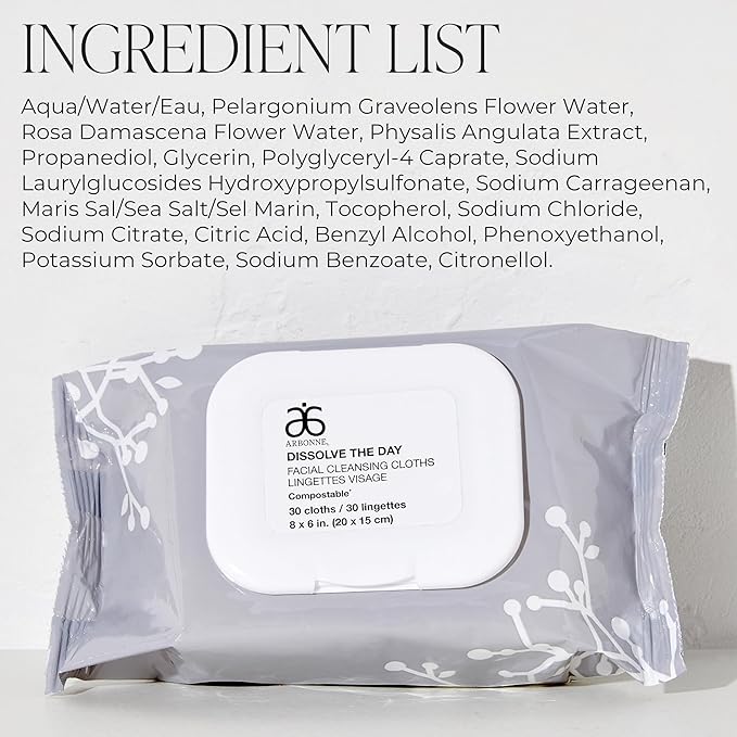 Arbonne Makeup Remover Wipes - Dissolve the Day Facial Cleansing Makeup Wipes for Women, Gentle Cleansing Towelette for Face, Removes Dirt and Sweat