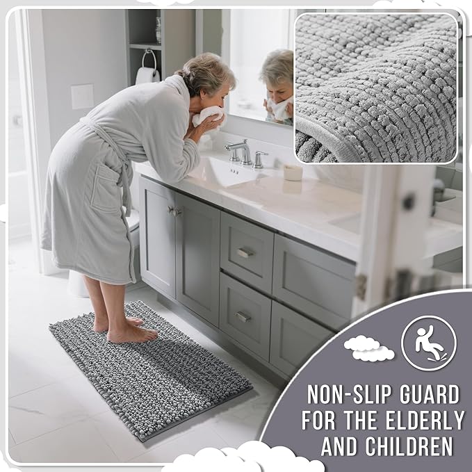 Yimobra Bathroom Rugs Non Slip Washable - Ultra Soft Absorbent Chenille Bath Mat, Quick Dry Shaggy Floor Carpet for Tub Shower, Gray Home Decor Accessories, 24x17 Inch