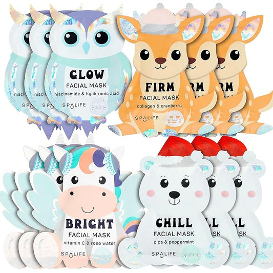 SpaLife Beauty Winter Wonder Animals Christmas Face Mask Bundle | Korean Facial Masks | Hydrating, Firming and Glowing Sheet Mask Set | Christmas Gifts for Women | 12 Pack