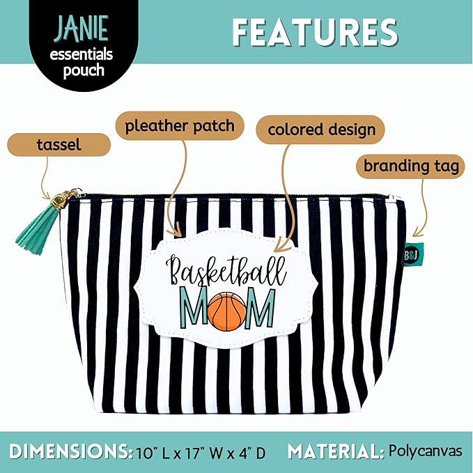 Brooke & Jess Designs Sports Mom Basketball Pouch Gifts for Women Striped Makeup Bags Cosmetic Bag Travel Toiletry Makeup Pouch Pencil Bag with Zipper Best Birthday Just Because Mother Gifts