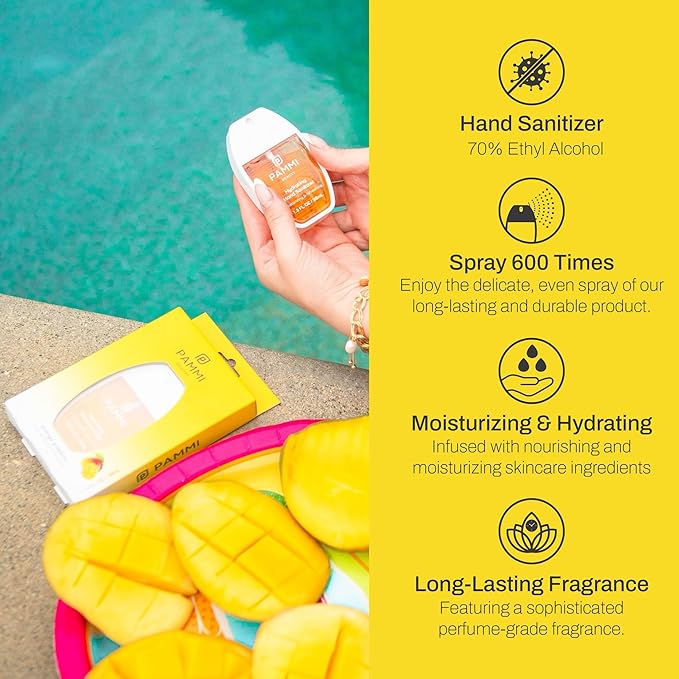 PAMMI Power Mist Hydrating Hand Sanitizer Spray, Portable Travel Size Pocket Hand Sanitizer, Scented Handsanitizer Mini Spray For Car - 600 Sprays (2 Packs (Mango))