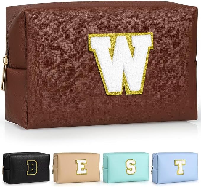 TOPEAST Initial Makeup Bags for Women, Cute Makeup Pouch, Waterproof Travel Toiletry Bag, Personalized Gifts for Girlfriend Wife on Valentine's Day Anniversary, Preppy Stuff Gift for Girl (Brown W)