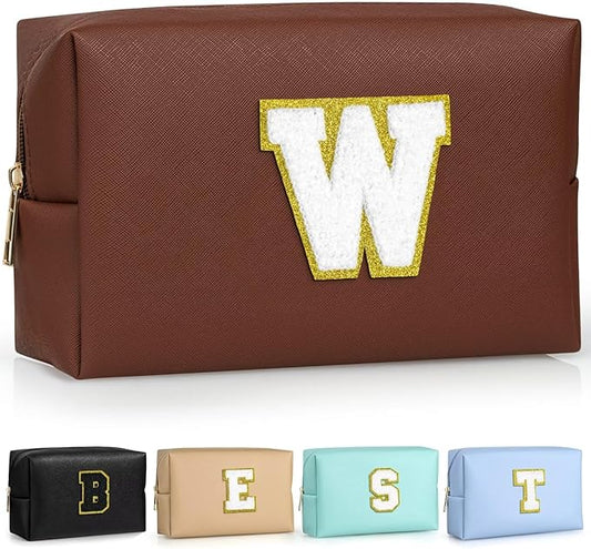 TOPEAST Initial Makeup Bags for Women, Cute Makeup Pouch, Waterproof Travel Toiletry Bag, Personalized Gifts for Girlfriend Wife on Valentine's Day Anniversary, Preppy Stuff Gift for Girl (Brown W)