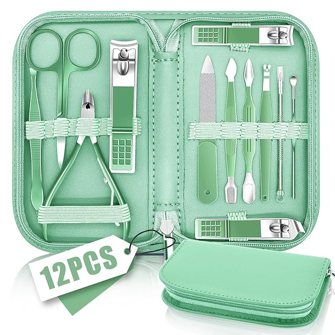 Manicure Pedicure Set, Nail Clipper Set for Men Women, Professional Manicure Kit Pedicure Kit, Nail Care Kit with Green Travel Leather Bag, Set 12 in 1