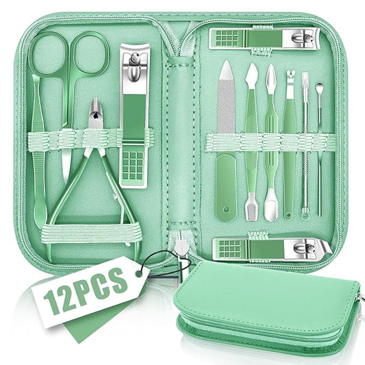 Manicure Pedicure Set, Nail Clipper Set for Men Women, Professional Manicure Kit Pedicure Kit, Nail Care Kit with Green Travel Leather Bag, Set 12 in 1