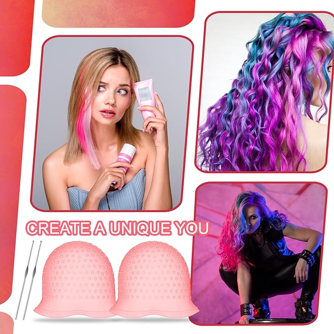 Jexine 2 Pcs Hair Coloring Highlighting Cap Reusable Silicone Highlight Cap with Holes and Hook for Hair Coloring, Frosting, Hairdressing & Highlighting, Salon Tools Kit(Pink)
