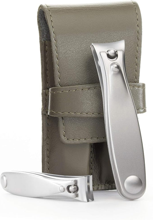 GERMANIKURE Nail Clippers Set in Green Leather Case – Ethically Made in Solingen Germany, FINOX Stainless Steel Tools – Professional Quality Manicure & Pedicure Kit