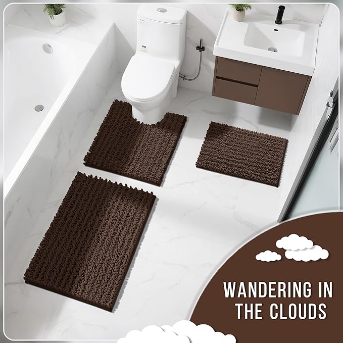 Yimobra Bathroom Rugs Non Slip Washable - Ultra Soft Absorbent Chenille Bath Mat, Quick Dry Shaggy Floor Carpet for Tub Shower, Brown Home Decor Accessories, 24x17 Inch