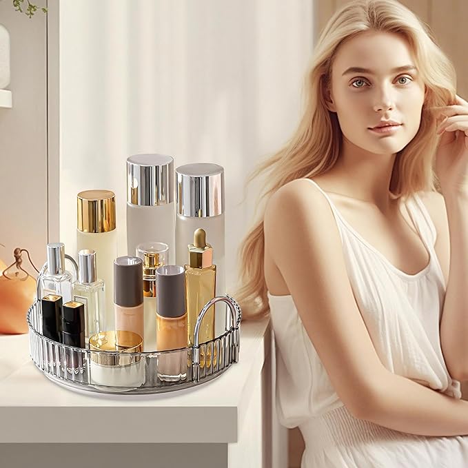 360° Rotating Makeup Organizer, Bathroom Make Up Spinning Holder Rack, Large Capacity Cosmetics Storage Vanity Shelf Countertop, Fits Cosmetics, Perfume, Skincare, Lipsticks(1 Tier, Gray)