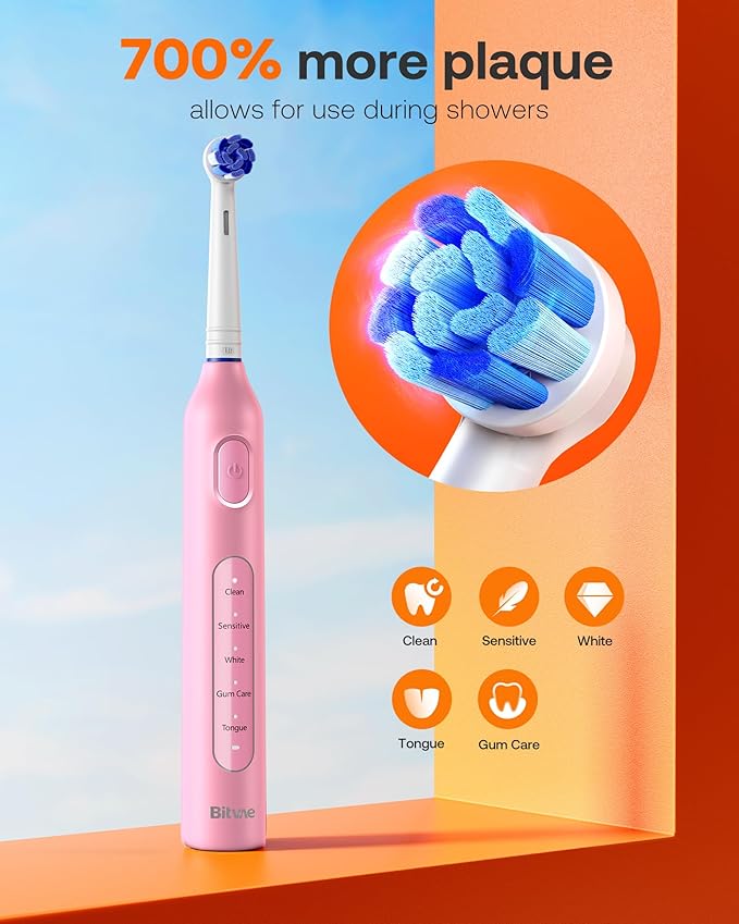 Bitvae Water Dental Flosser Teeth Picks, Cordless Water Flosser for Teeth, Braces, Dental Care and Rechargeable Rotary Electric Toothbrush Combo Set, 4 Tips, 4 Brush Heads, Waterproof, Pink, C5+R1
