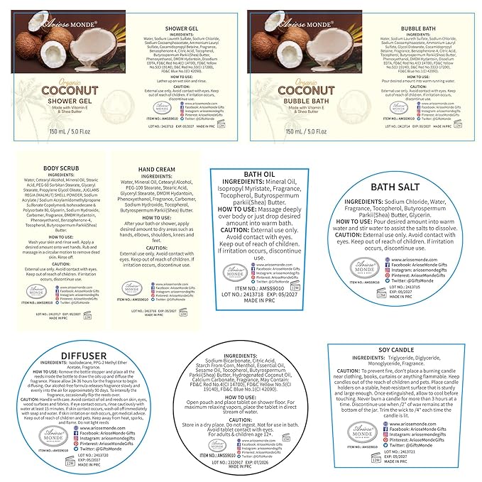 Spa Gift Basket for Women, Coconut Luxury Gift Set with Shower Gel, Bubble Bath, Hand Cream, Bath Soap, Bath Salt, Essential Oil, Luxury Bath and Body Gift Kit for Christmas