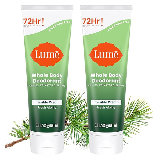 Lume Whole Body Deodorant - Invisible Cream Tube - 72 Hour Odor Control - Doctor Developed - Aluminum Free, Baking Soda Free and Skin Loving - 3.0 Ounce, (Pack of 2) (Fresh Alpine)